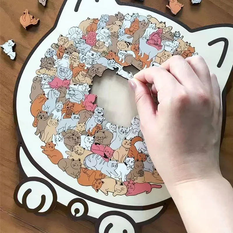 135pcs Cat-shaped Wooden Jigsaw Puzzle Unique Irregular Puzzle Pieces Game Birthday Xmas Gifts for Cat Lovers Home Decorations - Image 4