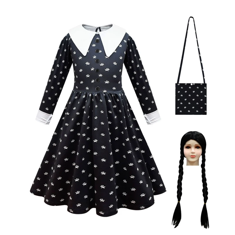 

Movie Addams Wednesday Cosplay Costume Dress Black Outfits Wig Bag for Girls Kids Role Play Halloween Party Suit