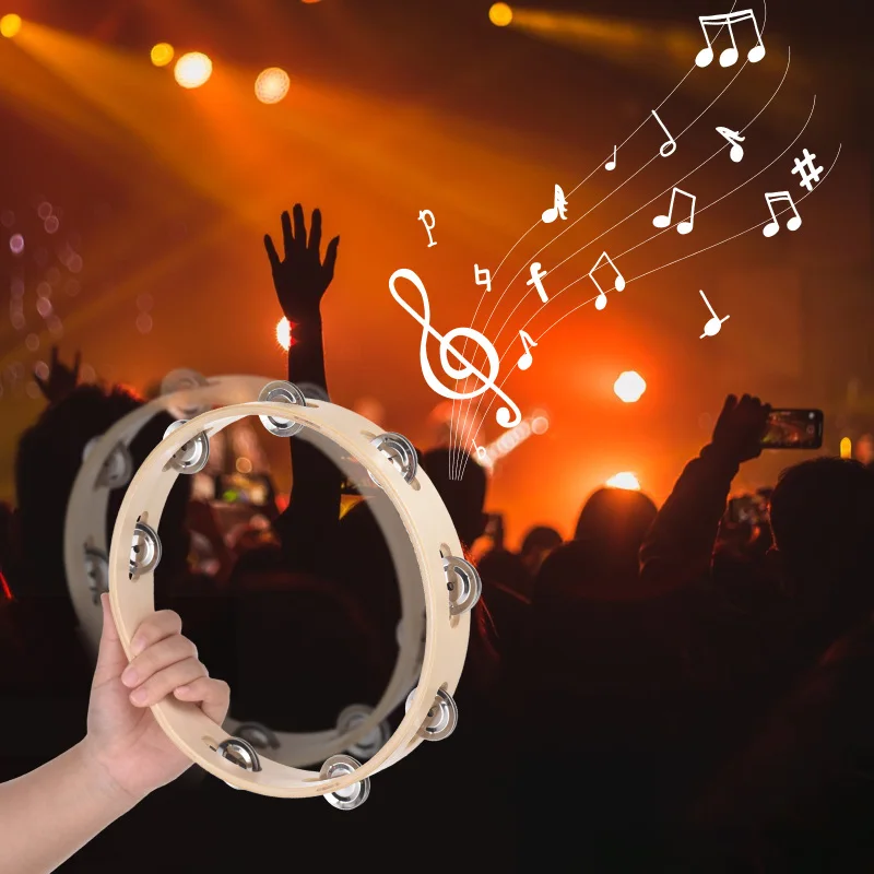 6 Inch Tambourine for Adults Pleasant Jingle Sound Hand Cranked Bell Rings Wooden Natural Color