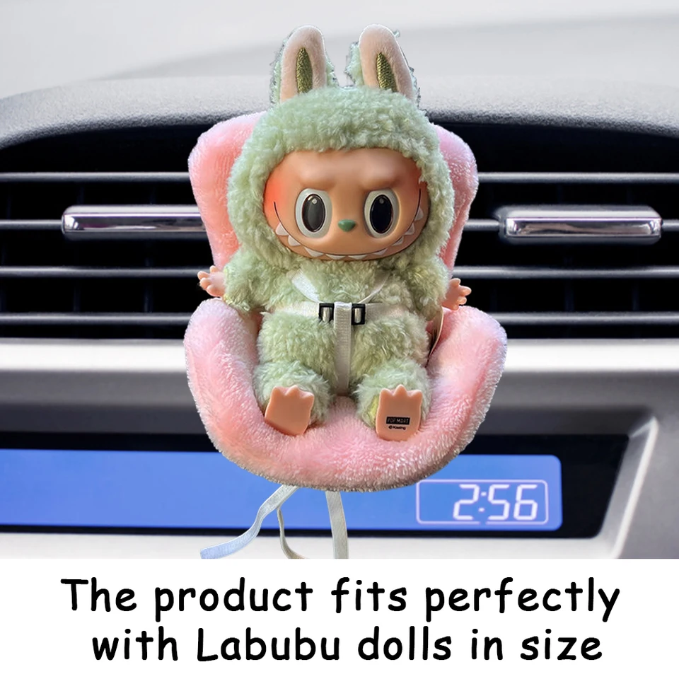 Cute Labubu Doll Car Seat Vent Clip – Safety Carseat With Soft Cushion & Belt For 17cm Labubu Dolls, Grey Air Vent Decoration