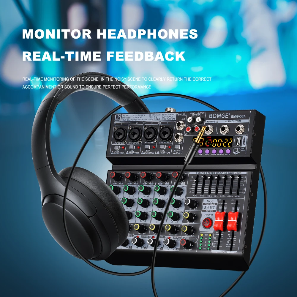 Professional metal 99DSP 6 Channel Recording Audio Mixer interface With USB 48V BT Sound Console Card for PC MP3 DJ karaoke