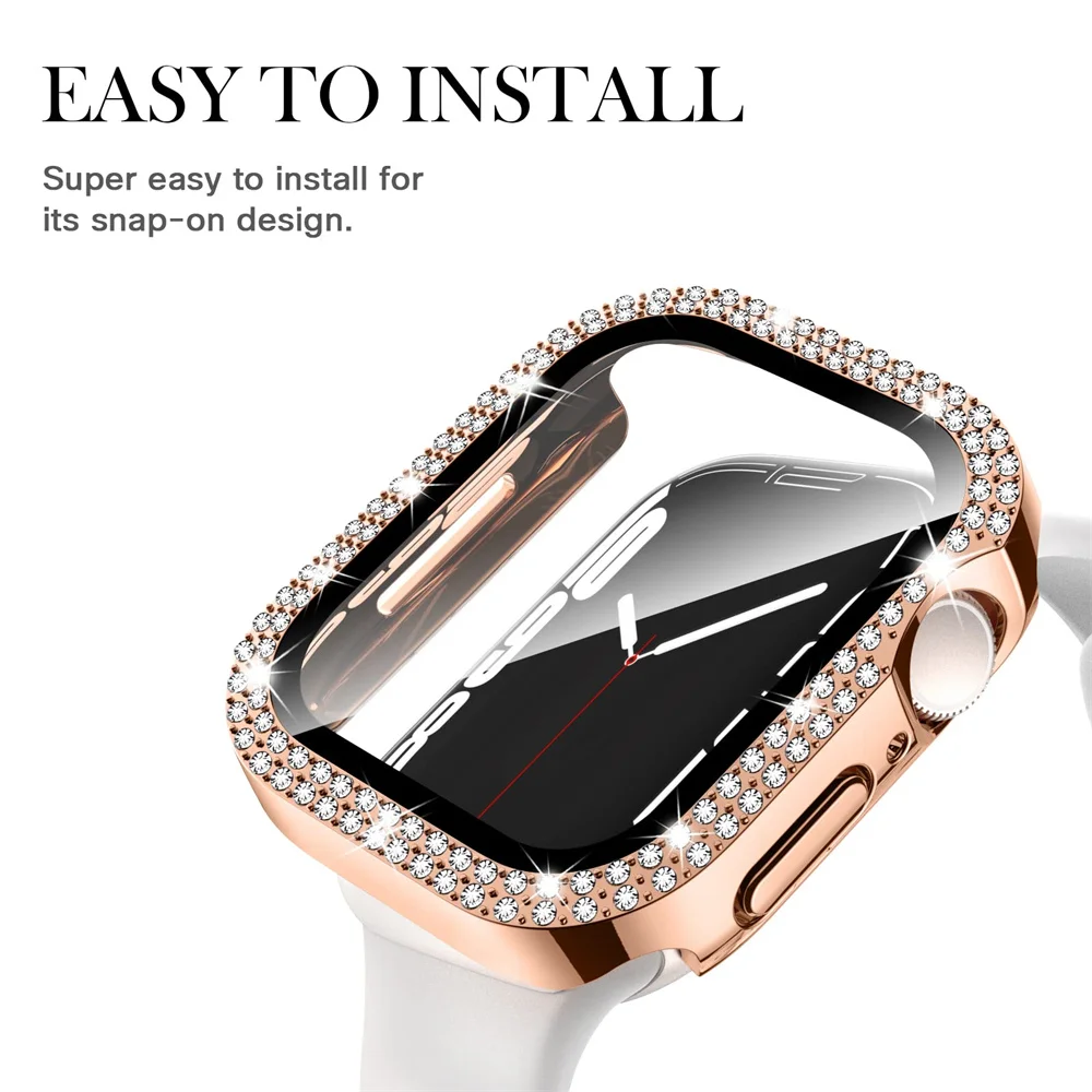 Фото Алмазный чехол для Apple watch Φ 45 мм 41 мм 44 мм 40 мм, закаленное стекло + шикарный бампер, защита экрана iWatch серии 9 8 7 6 5 4 SE №4