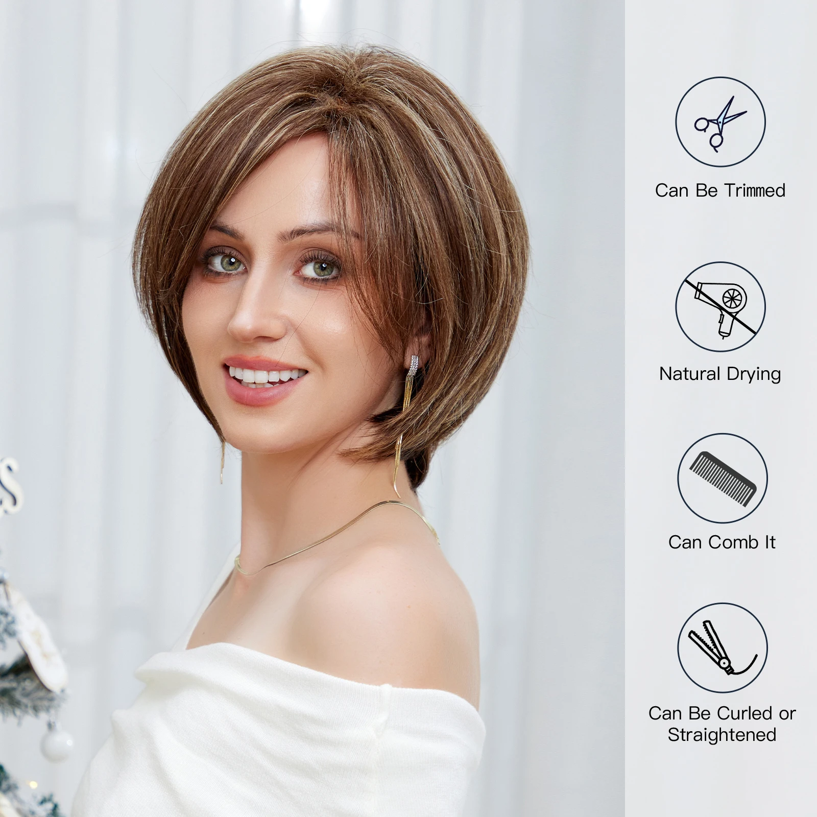 Blend Human Hair Blonde Brown Mixed Remy Human Hair Wigs Short Layered Bob Wig for White Women Machine Made Heat Resistant