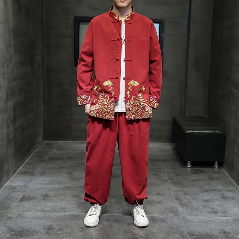 Jacket Coat Cotton and Linen Suit Retro Chinese Style Men's Clothing Geometric Pattern Embroidery Hanfu Single-Breasted Clothing