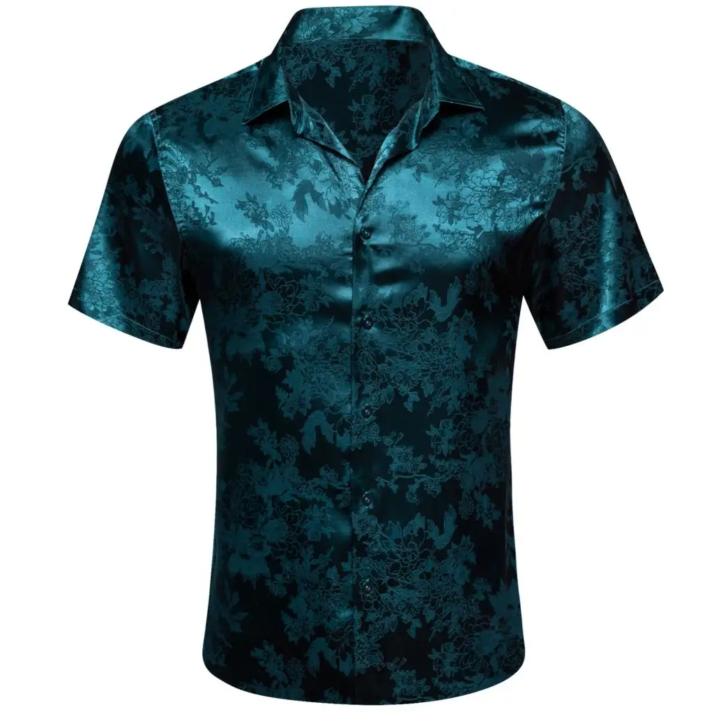 

Designer Summer Short Sleeve Shirts for Men Dark Green Flower Silk Embroidered Slim Fit Male Blouses Casual Tops Barry Wang