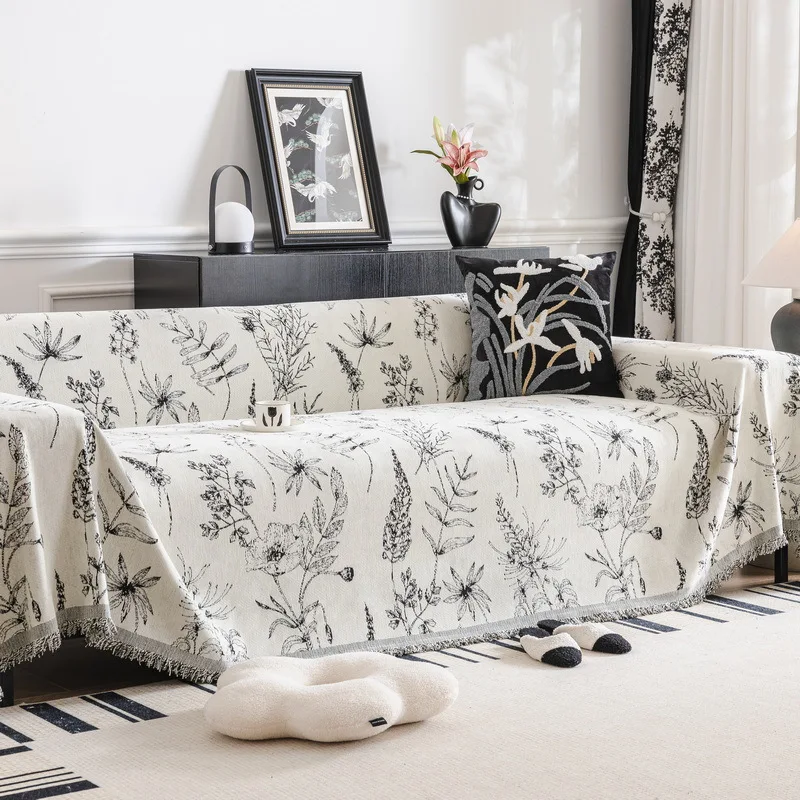 

EIFLOY Elegant Chenille Sofa Cover Tassels Black Towel Blanket Anti Scratch Soft One Piece Couch Chair Furniture Protector