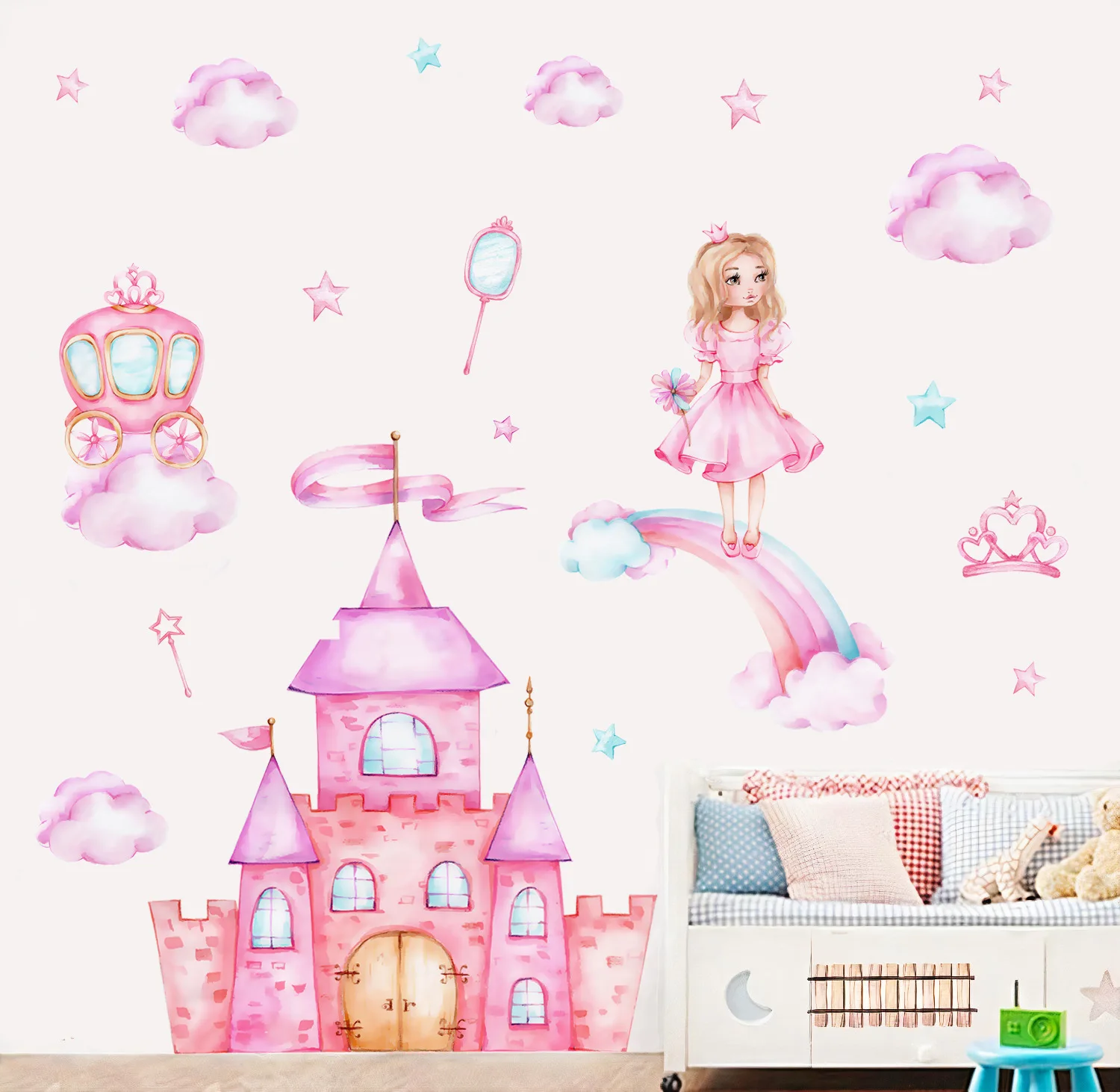 

Pink Princess Castle Children Room Stickers Living Room Bedroom Decoration Self-adhesive Painting Anime Room Decor