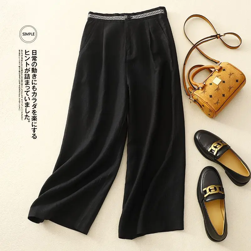 Thin Style Cropped Pants Cotton and Linen Female Elastic Waist Casual Solid Color Loose Summer Multiple Colour Wide Leg Pants