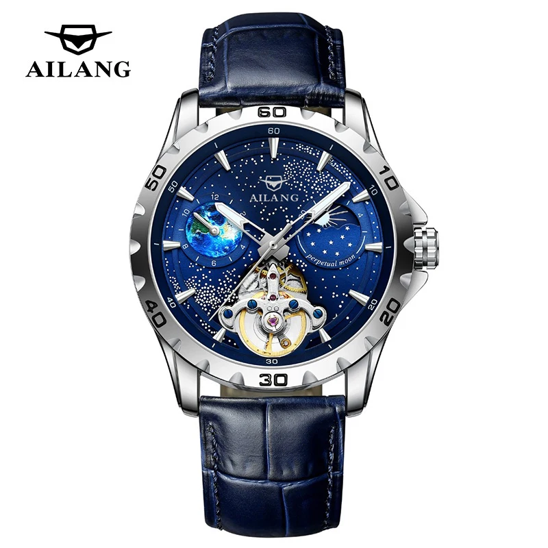 AILANG Fashion Blue Starry Sky Mechanische Uhr für Herren, luxuriöses Lederarmband, wasserdicht, leuchtend, automatische Tourbillon-Uhren_voghion.com