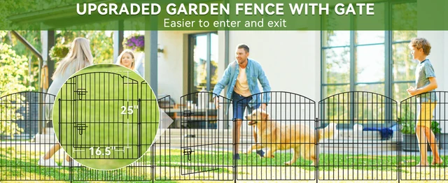 10-Panel No Dig Garden Fence With Gate | 32"H X 23.6'L Metal Pet Barrier For Yard, Dog, Garden