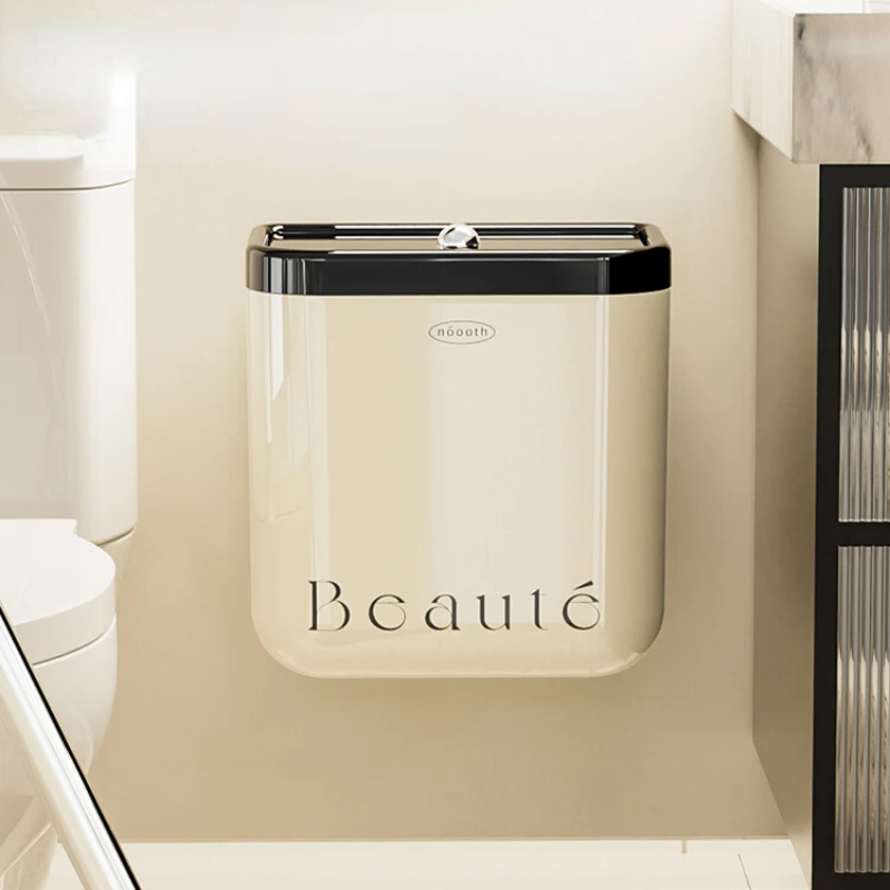 

Household Portable Cream Wind Trash Bin with Lid Wall-mounted seam Garbage Bins Bathroom large paper basket Trash Can