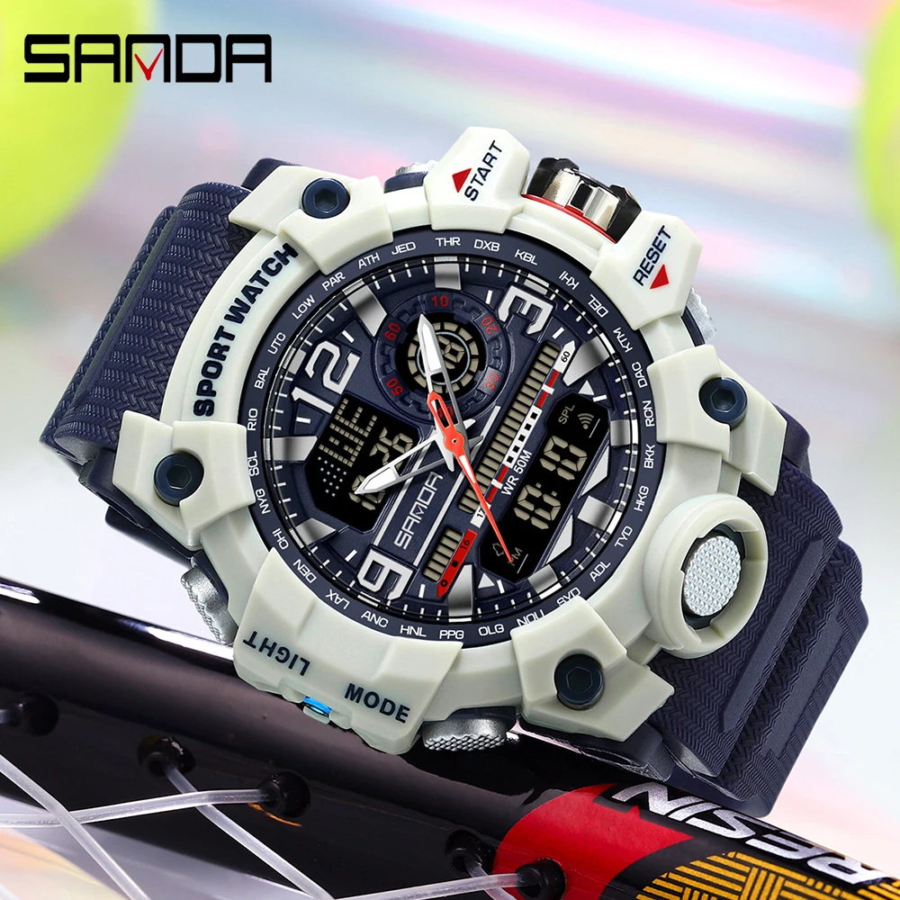 SANDA 3133  Week Day Display Digital Analog Watch Alarm Mode Teenager Student Electronic Wrist Clock Trendy Fashion Waterproof 3