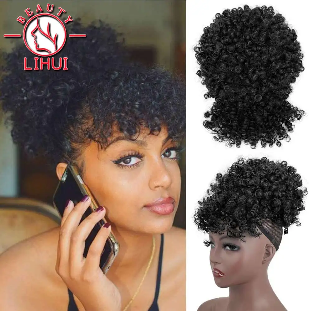 New Synthetic Afro Kinky Curly Hair Bangs Puff Hair Bun Drawstring Ponytails Clip On Hair Extension Updo Pineapple Fringe lihui