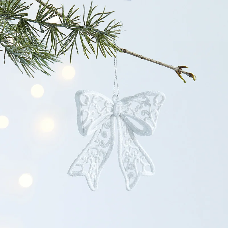 Christmas Decoration White Pendant Snowflake Bow Glitter Acrylic Pendant Christmas Tree Hangings Festival Party Window Ornament