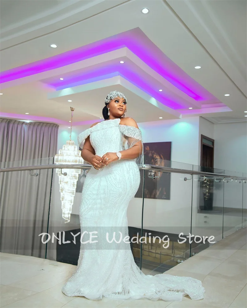 

African Mermaid Wedding Dresses Elegant Off Shoulder Bridal Gowns Lace-Up Style Tassels Second Reception Gown Vestido De Novia