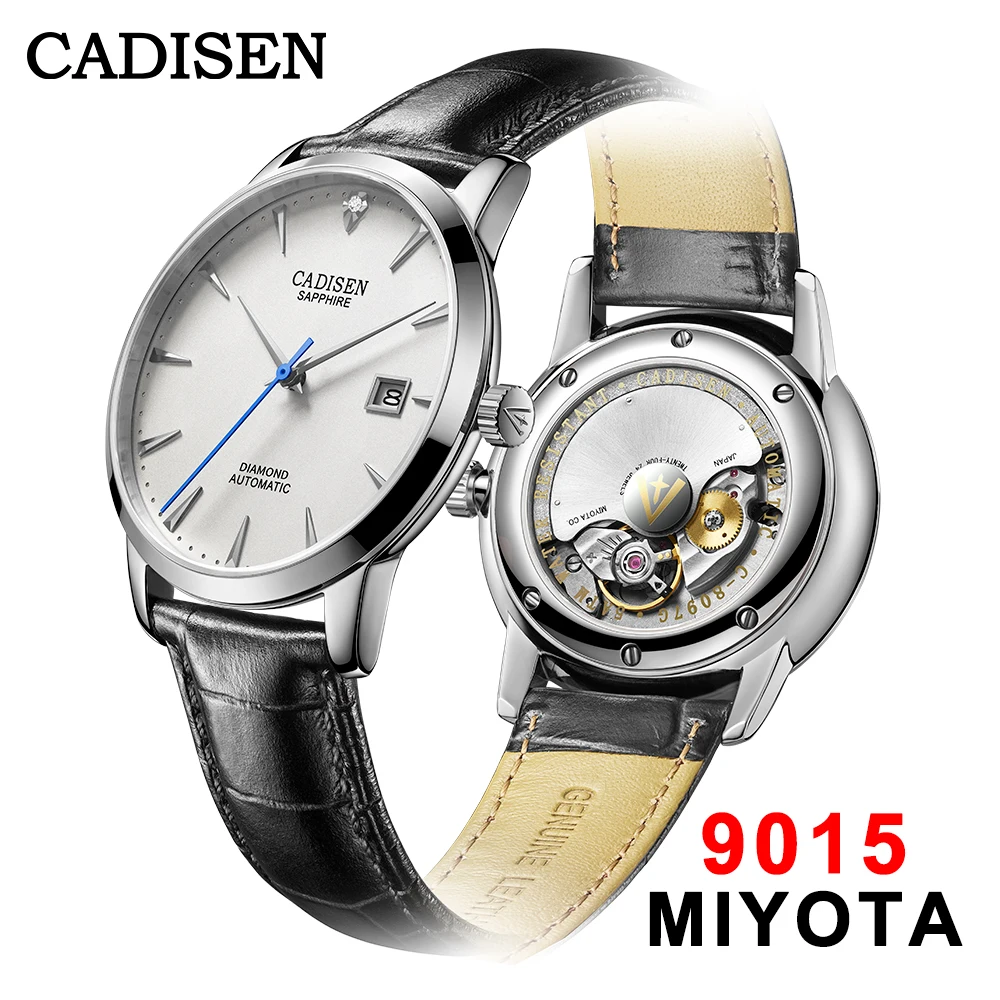 CADISEN Men Watches Automatic Mechanical Wrist Watch MIYOTA 9015 Top Brand Luxury Real Diamond Watch Curved Sapphire Glass Clock tuedix brand dive waterproof 41mm sport nh35a sub automatic men watch sapphire glass curved end rubber band relogio masculino