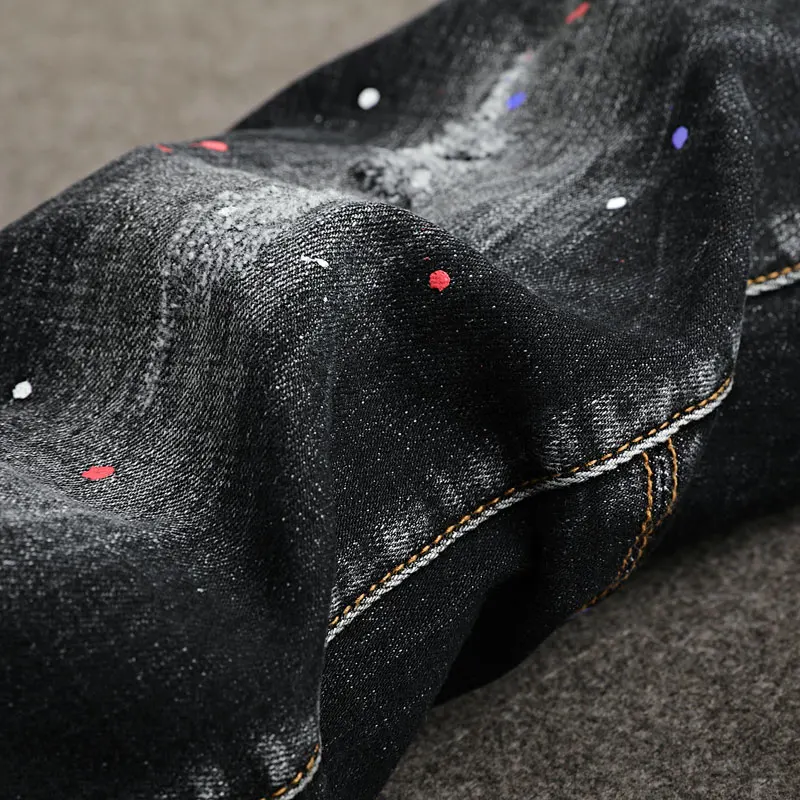 Street Fashion Men Jeans Retro Black Gray Stretch Slim Fit Vintage Ripped Jeans Men Pocket Designer Painted Hip Hop Denim Pants