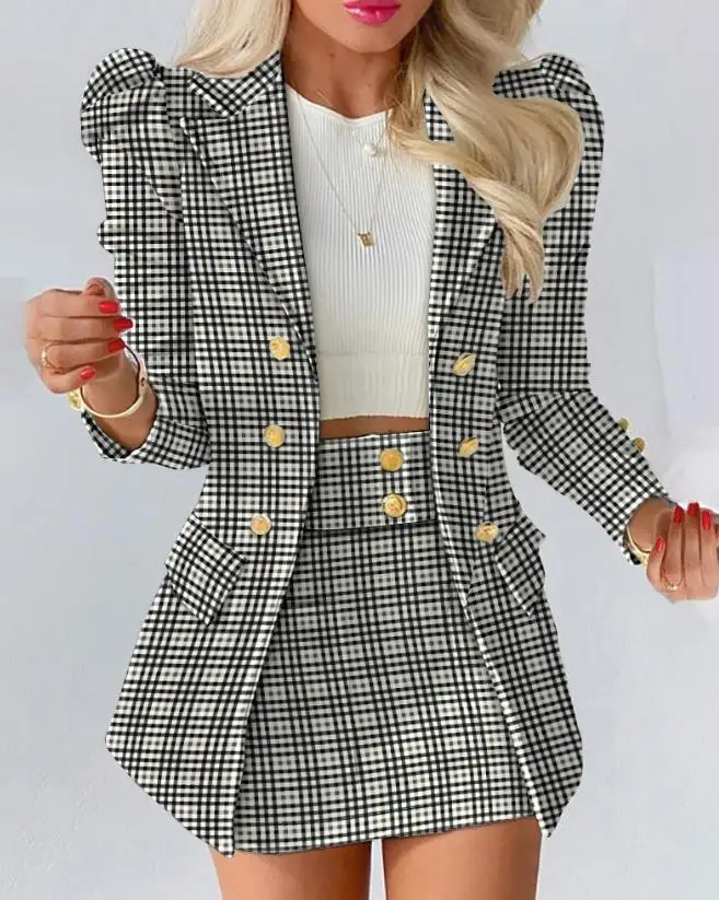 

New Fashion 2023 Casual Womens Two Piece Sets Outfit Elegant Plaid Print Puff Sleeve Buttoned Blazer Coat & Skirt Set