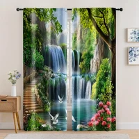 2pc, Window Curtains Beautiful forest waterfall scenery Durable 100% Polyester Fabric,Without Electricity Spring Party & Holiday 1
