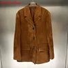 Vintage Brown Kid Suede Jacket for Women 2023 New High Sense Loose Oversized Leather Suit Blazer Female Casual Coat Streetwear 3