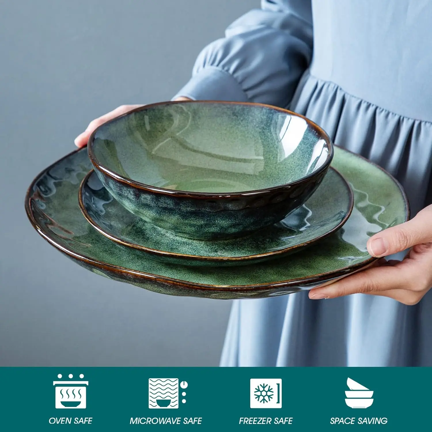 Description Picture 4 of item12 Pieces Green Dinnerware Set, Reactive Change Glaze Dinner Set, Plates and Bowls Set