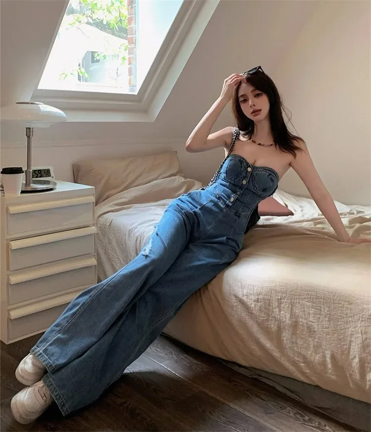 韓国風デニムジャンプスーツ,スリムウエスト,チューブトップ 韓国風デニムジャンプスーツ,スリムウエスト,チューブトップ