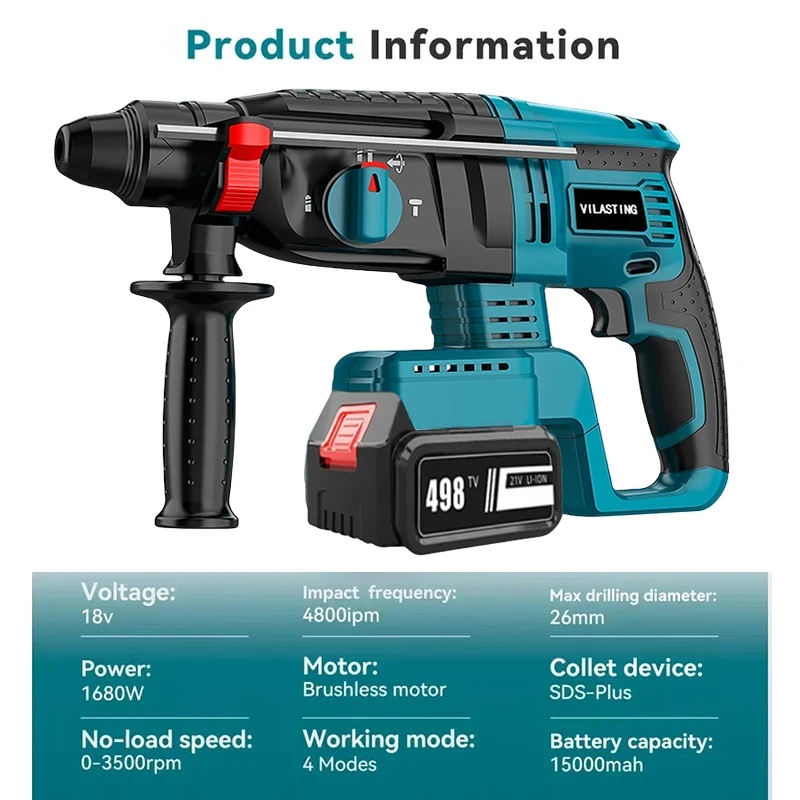 26MM Brushless Electric Hammer Drill Multifunctional Rotary Cordless Rechargeable Power Tools Compatible Makita 18V Battery 3