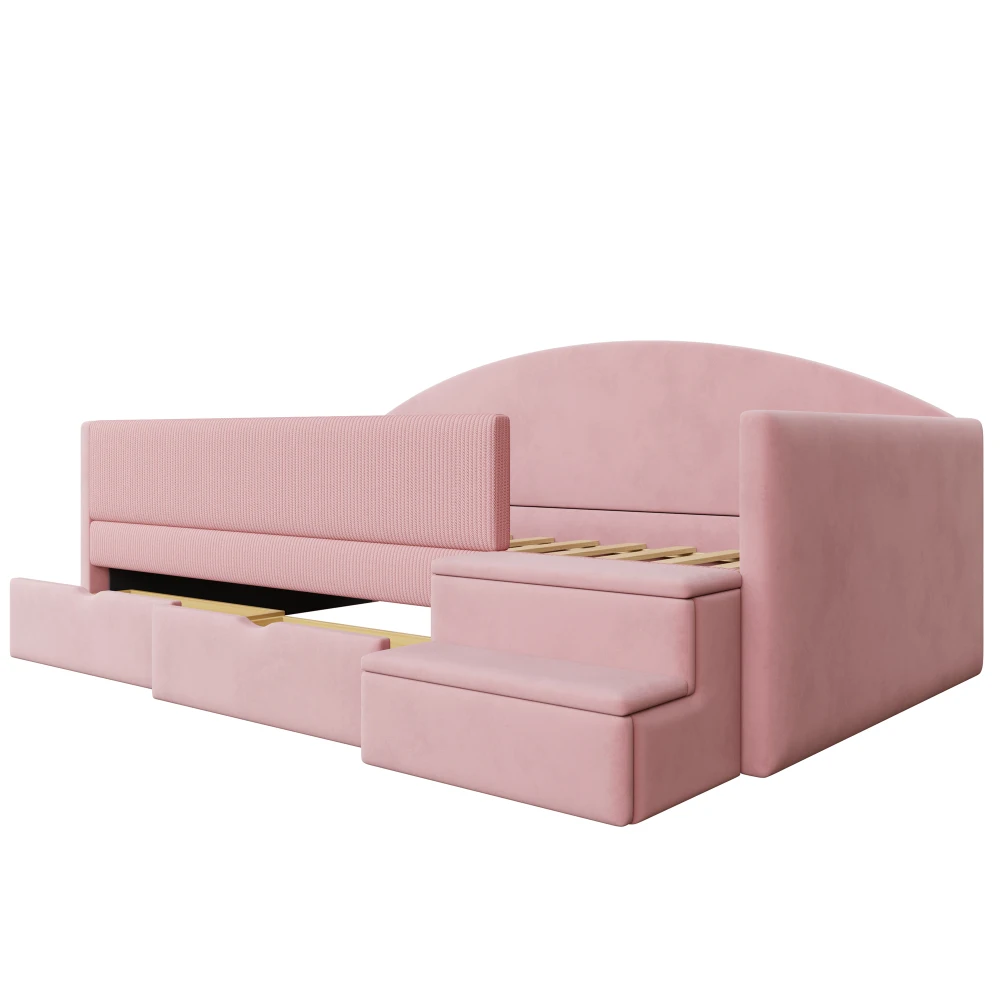 90*190cm gepolstertes Schlafsofa, Multifunktionsbett, mit 2 Schubladen, Zaunen und Stufen, hautfreundlicher Samtstoff, ohne Matratze – Detail 13