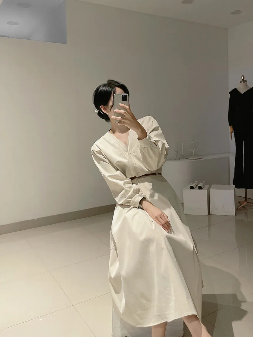 Korean Fashion V-neck Midi Dresses for Women with Belt Long Sleeve A-line Office Lady Autumn New Elegant Solid Female Clothing