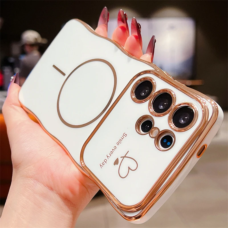Love Heart Wavy Plating Phone Case with Magnetic Wireless Charging Cover