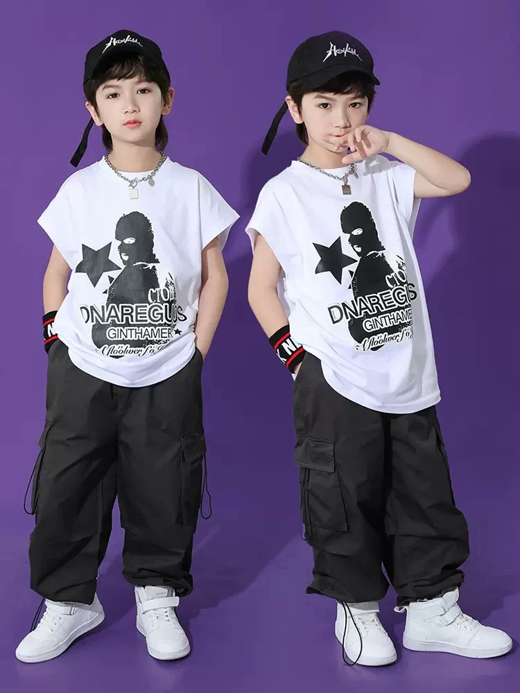 

Boys Hip Hop Costume Girls Jazz Dance Clothes White T Shirt Loose Pants Children Hip-Hop Performance Clothing Stage Wear BL10649