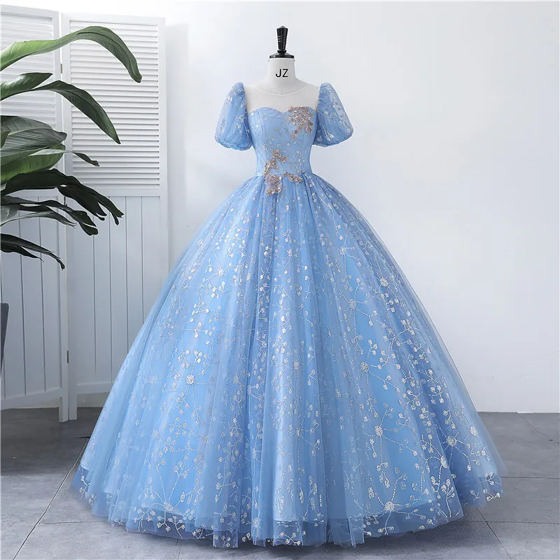 

New Blue Elegant Quinceanera Dress 2023 Floral Appliques Illusion Ball Gown Puffy Vintage Bling Sequined Vestido Longo Festa