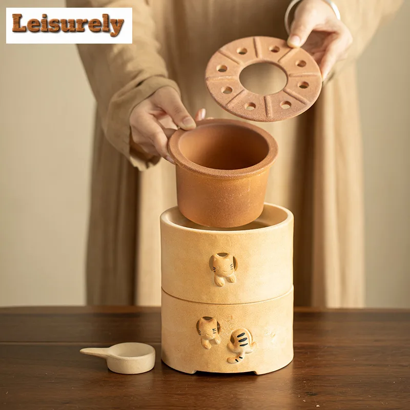 Cute Cat House Warm Tea Stove Charcoal Ceramic Candle Furnace Insulation Heating Base Boiling Water Kettle BBQ Holder Teaware