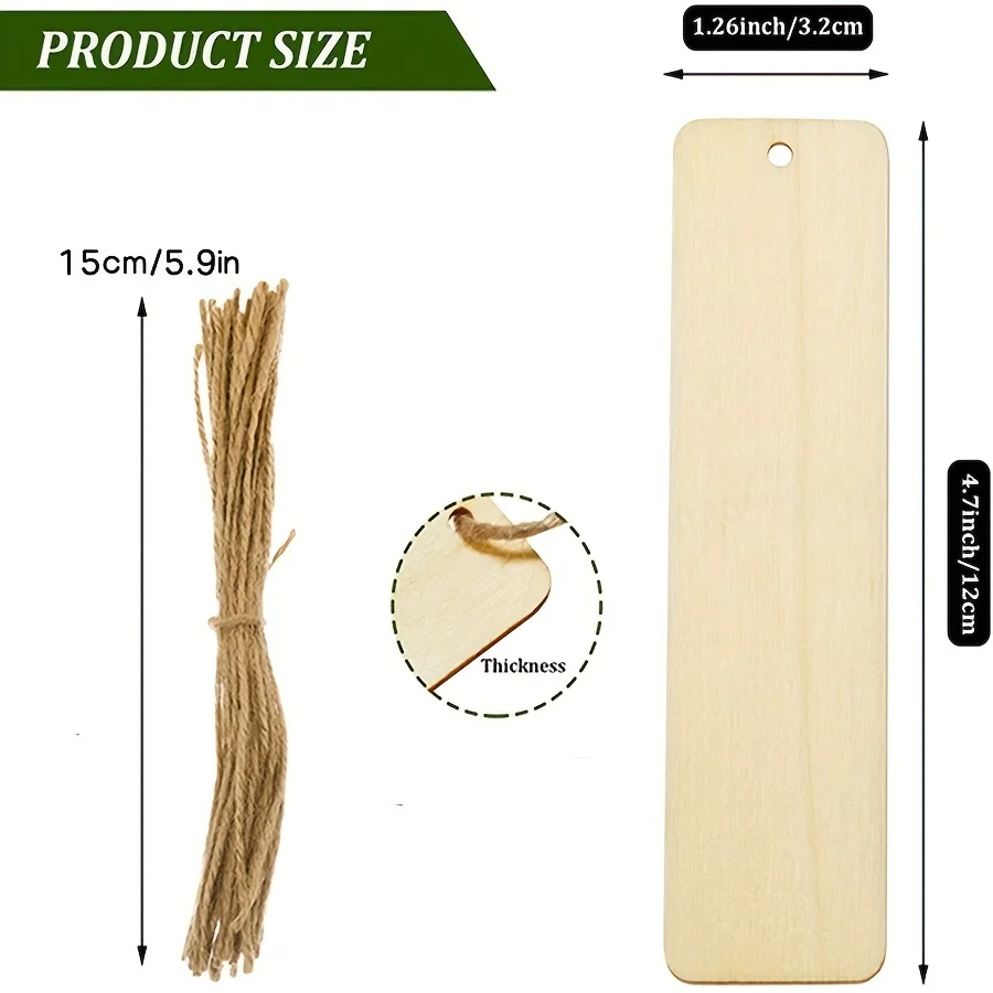 Wooden Blank Bookmark DIY Craft Unfinished Tag List Rectangular with Hole and Rope