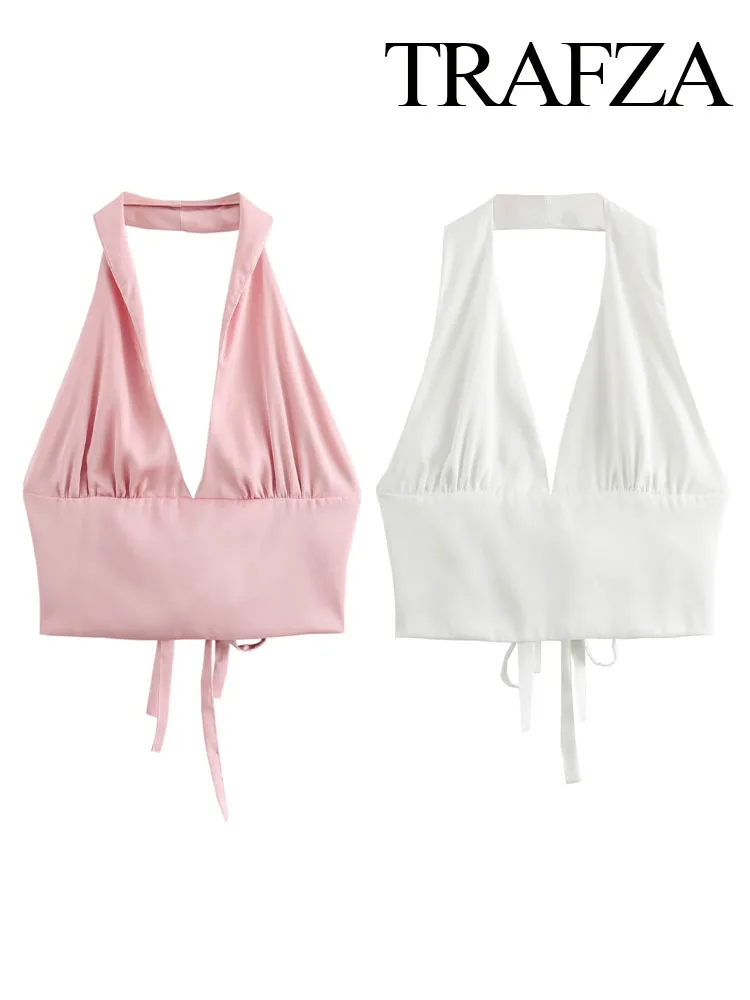 TRAFZA 여성용 레이스 업 장식 슬림 짧은 탑, 우아한 단색 홀터 넥, 백리스 민소매 탑, TRAF, 여름 