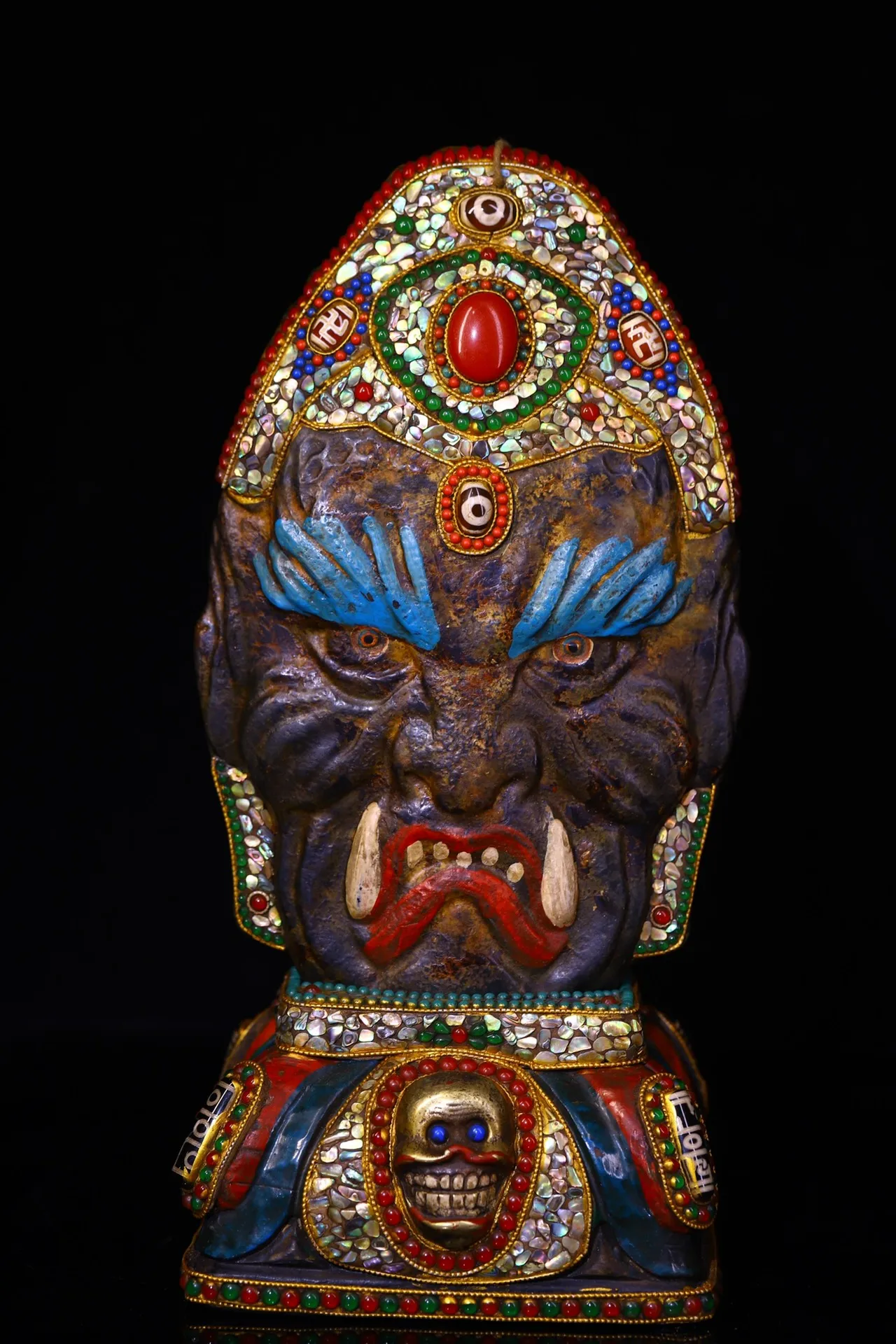 

11"Tibet Temple Collection Old Natural Meteorite Mosaic Gem gZi Beads Shell Mahakala Buddha Head Mask Skull Base Worship Hall