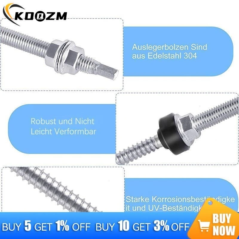 Hanger bolts M10 x 200/250 mm 304 stainless steel PV system pre-assembled height adjustable