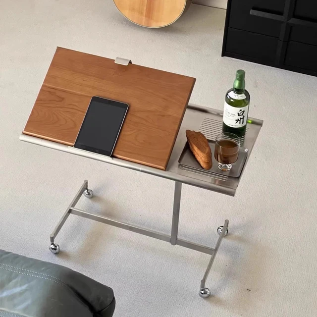 Solid Wood Wheeled Small Cart Tea Table Music Stand Adjustable Edge Bedside Table Studying Bed Laptop Motion Desk Frame Bedroom
