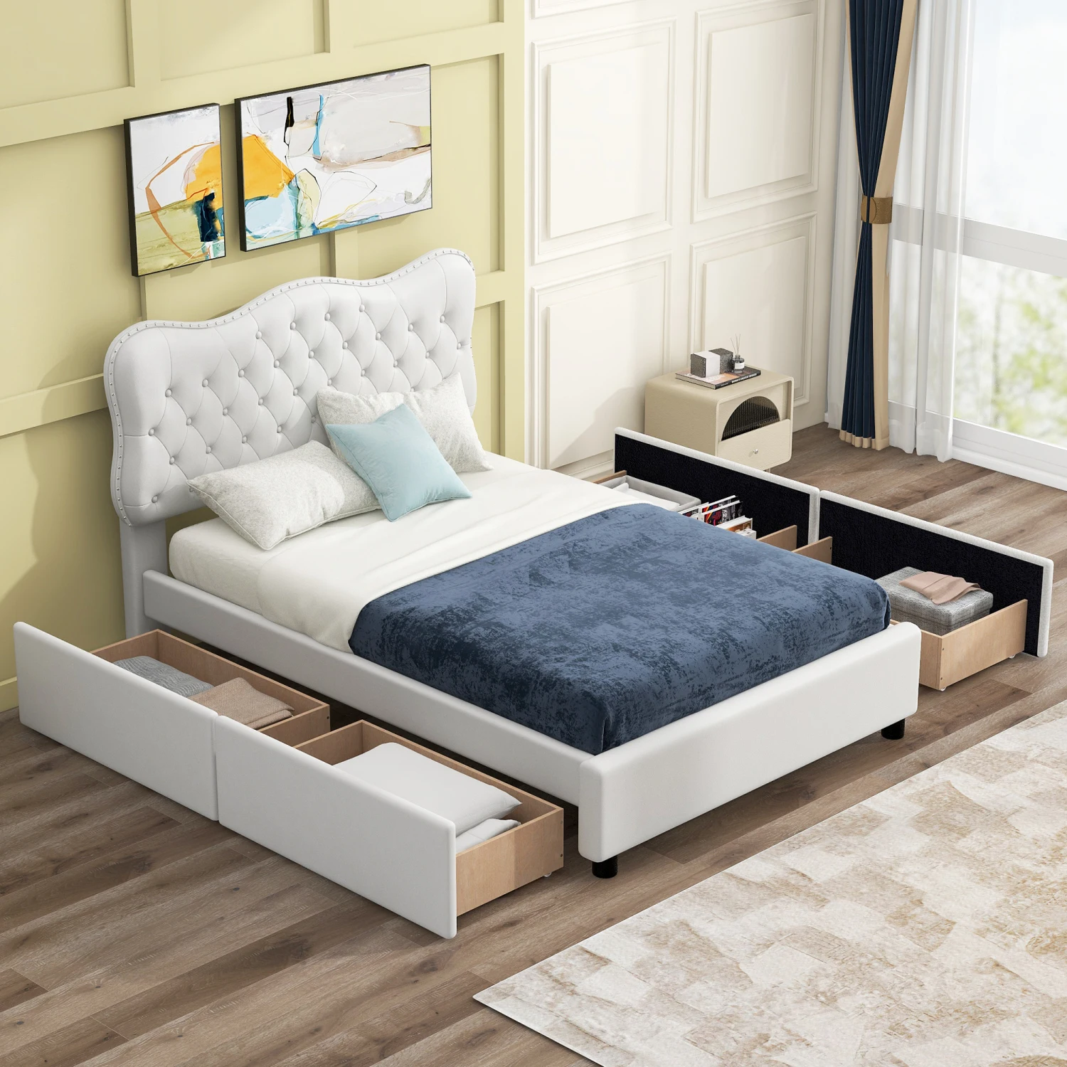 

Luxurious Full Size White PU Leather Upholstered Platform Bed with Four Spacious Drawers for Extra Storage