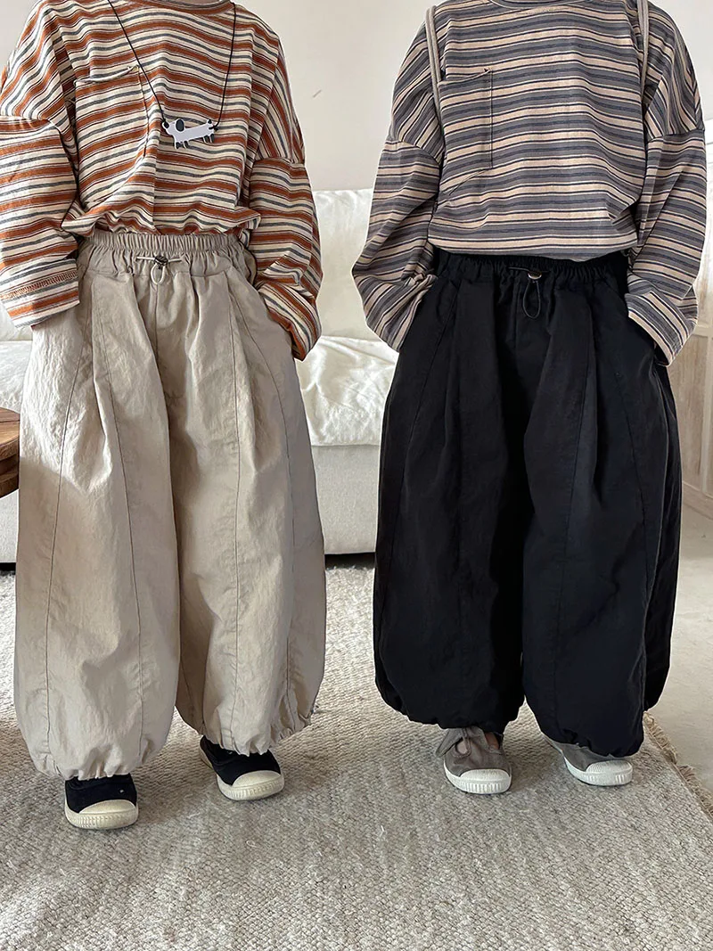 Autumn Kids Casual Wide Leg Pants Solid Color Drawstring Trousers