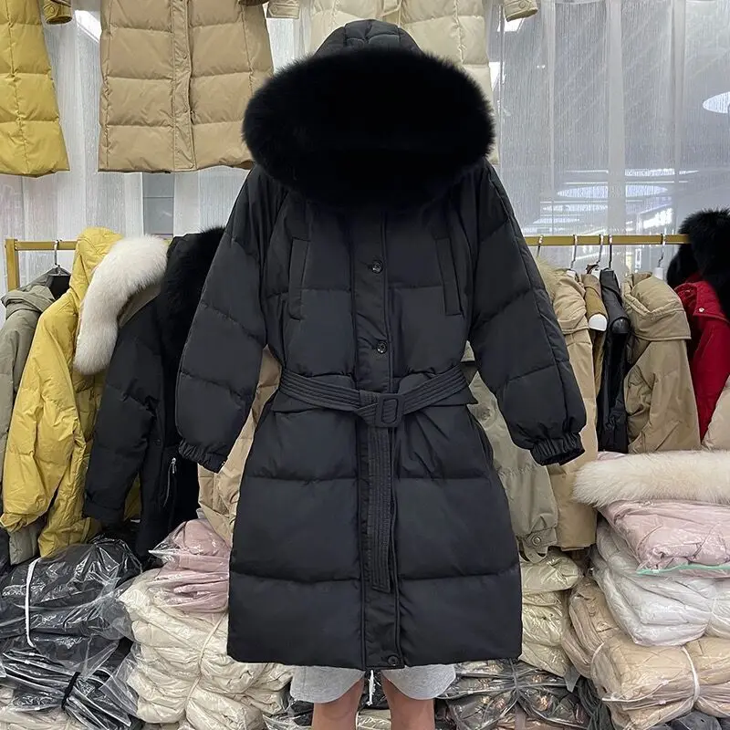 

Down jacket women's 2023 winter new mid-length loose knee-length hood warm 90% white duck down high-quality black blue coat