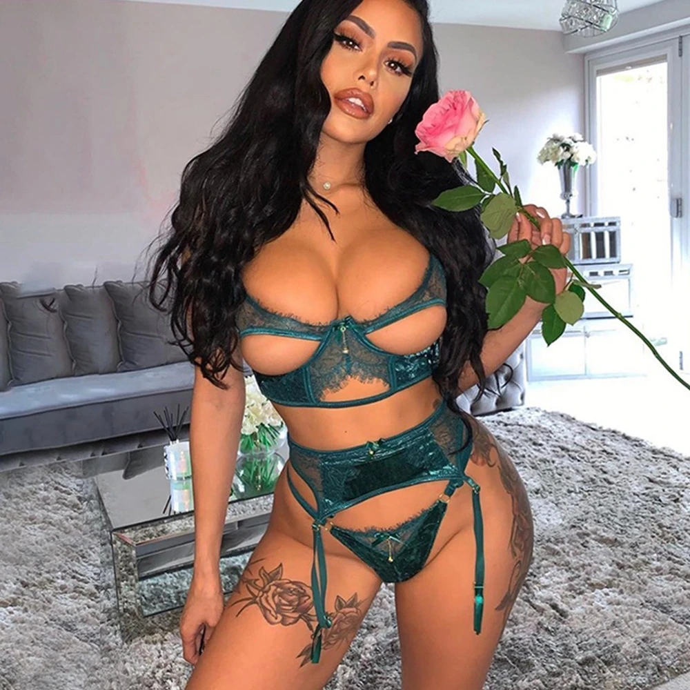 lace bra panty set Muyiweixue 3-piece Green Lingerie Set  Women Hollow Out Patchwork Underwear Female Bra+garters+thong Exotic Lingerie bra sets