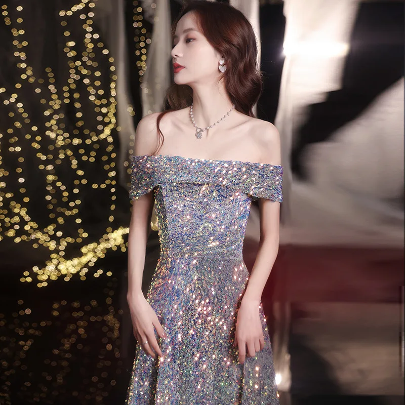 

Off Shoulder Banquet Evening Dress Women BlingBling Sequins Slim A-Line Long Cocktail Party Dresses Backless Zip Prom Gown