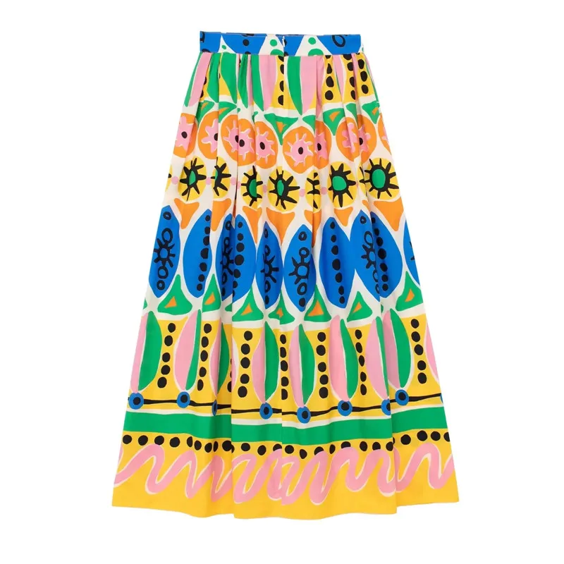 TRAF-Falda larga plisada con estampado para mujer, falda de cintura alta, ropa de calle fruncida, conjuntos de falda Midi para playa, moda de