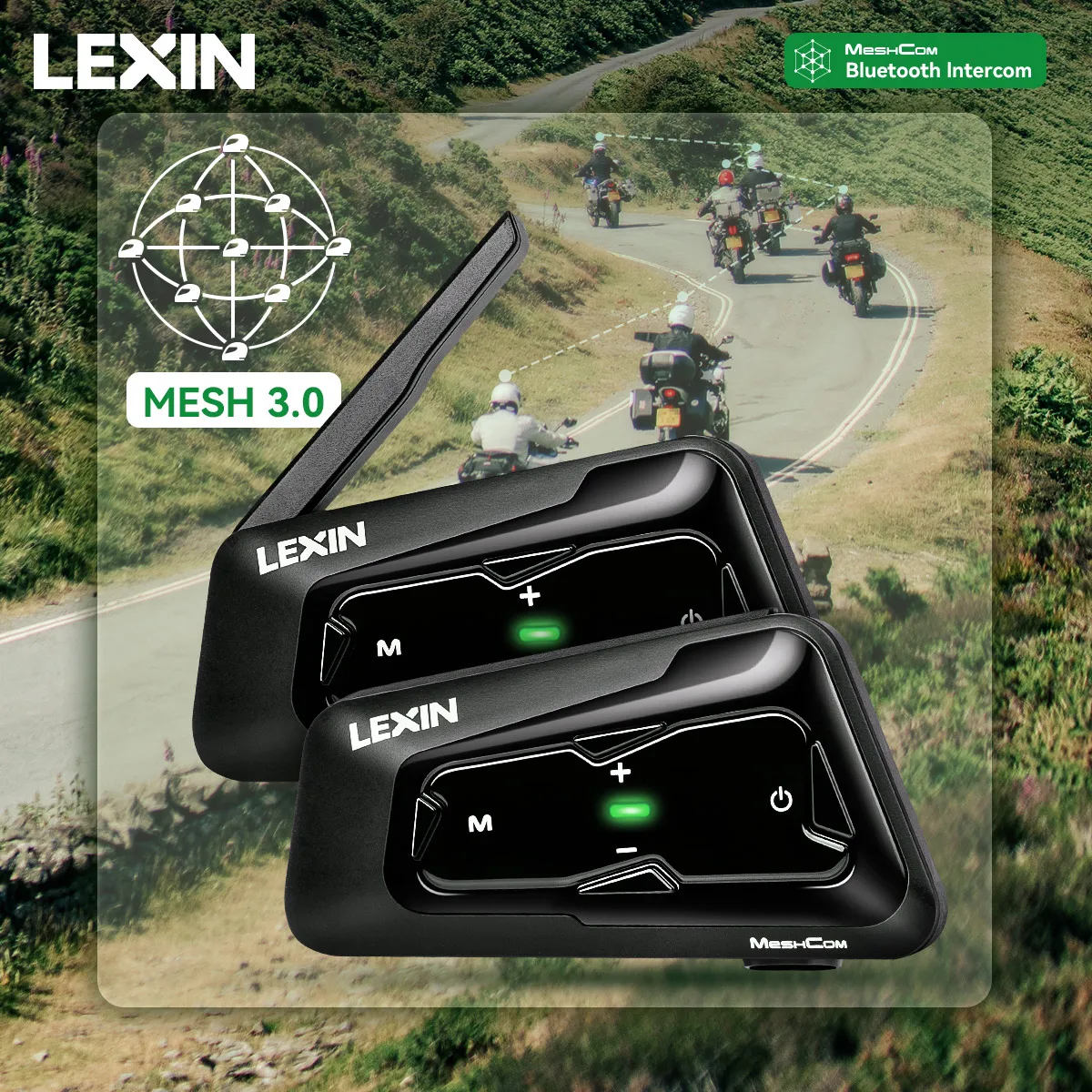 Lexin MeshCom MESH & Bluetooth Intercom For Motorcycle Helmet Headset,Mesh intercom up to 24 people within 2 km range