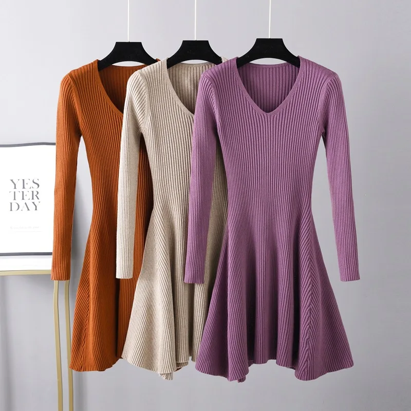 

Autumn Winter New 2022 Women Dress Bottoming Knitted Dress for Women Fashion Slim Waist Medium Length A-line Dress Women Sweater