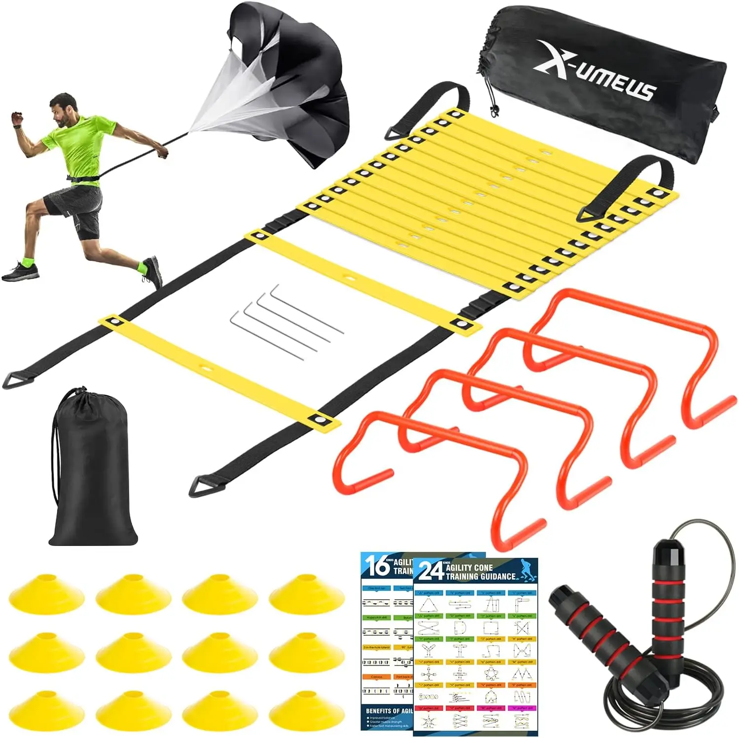 

Teenage/children training equipment kit, 20 foot agility ladder, 12 football cones, 4 hurdles, jump rope, running parachute
