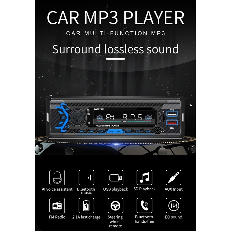 

1Din Автомобильный MP3-плеер с функцией отключения питания и голосового помощника, U-диск, карта, FM-радио, Bluetooth-подключение