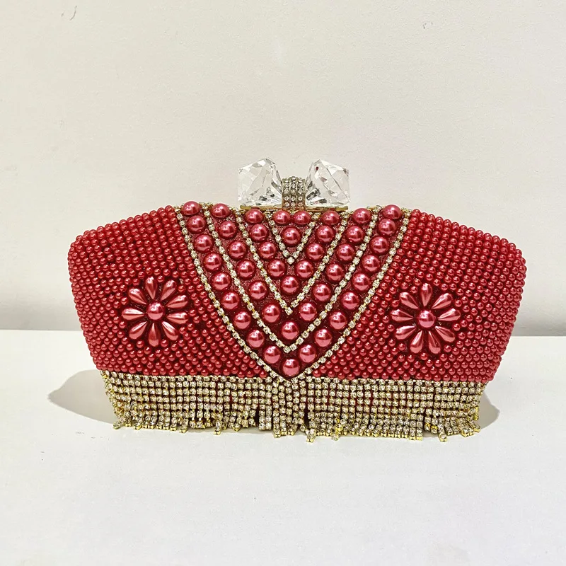 

Vintage Tassels Decoration Banquet Bag Elegant Red Pearl Evening Bags Luxury Wedding Party Diamond Clutch Bags For Female XA595H