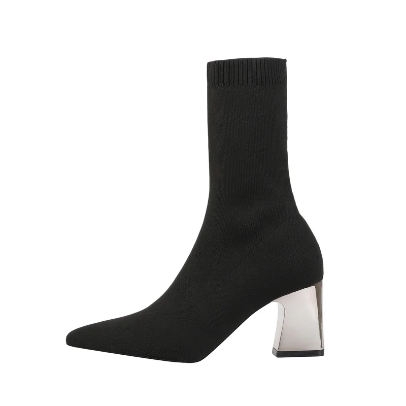 2022 Women Stretch Knitted Sock Boots Fashion Sexy High Heels Black Ankle Boots Stripper Low Block Heel Lady Winter Women Shoes